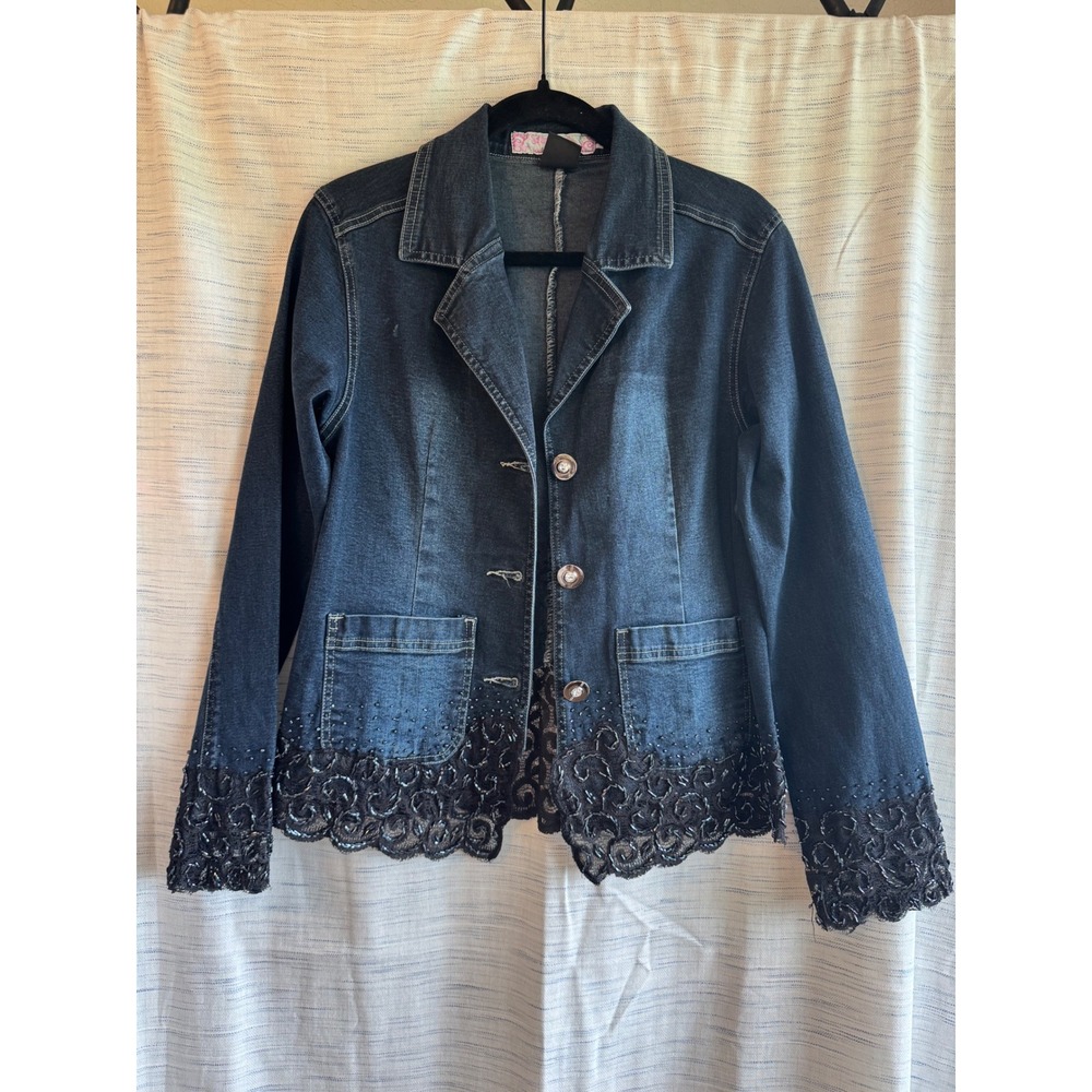 Sissy Thai Women Blue Denim Jacket Lace Bead Trim Blazer Dark Wash Small